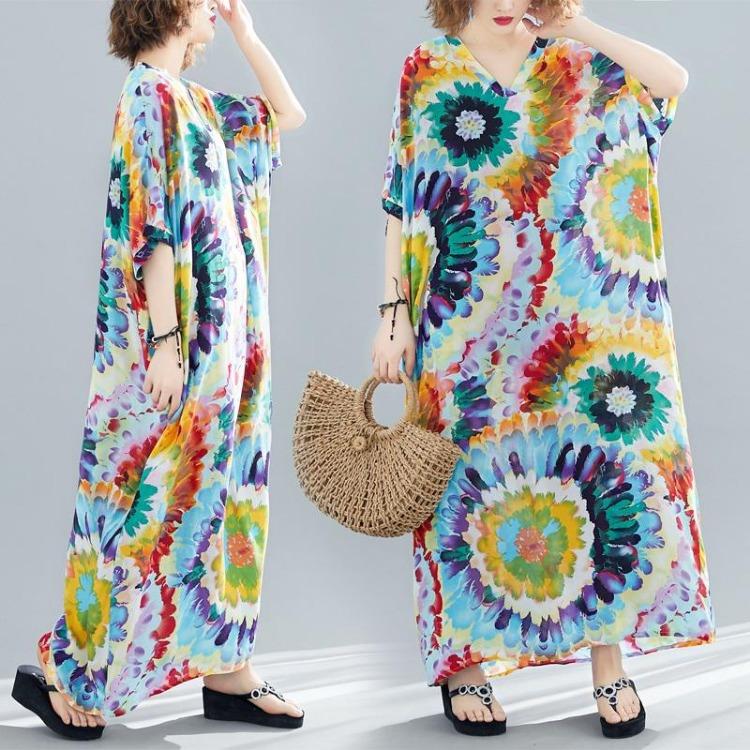 Vintage Floral Satin Maxi Long Dress for Women Plus Size Casual Loose Summer Dresses New In