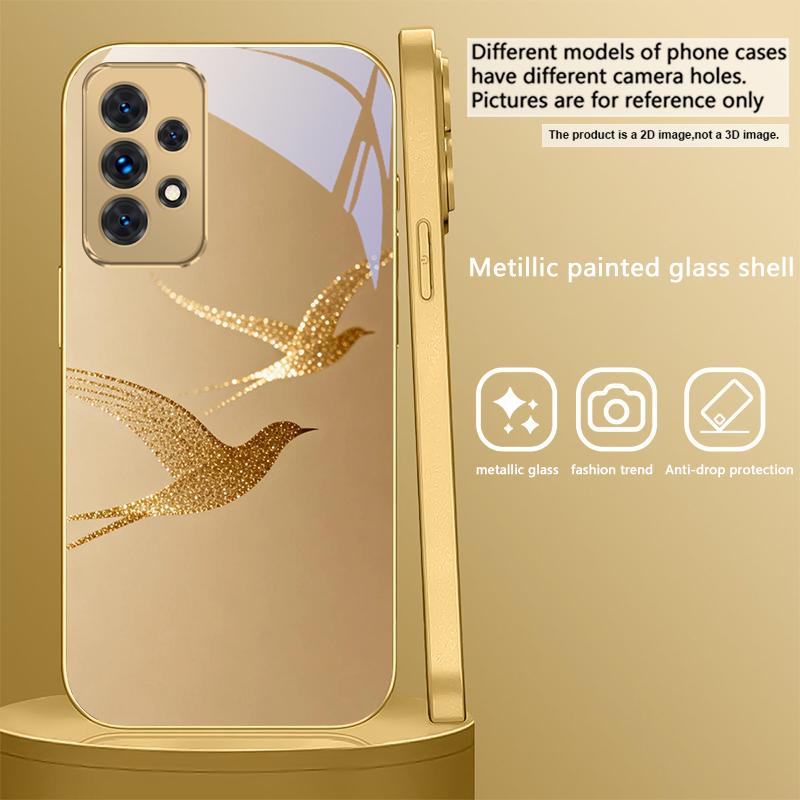 golden flying bird For Samsung A 31 32 A33 A34 35 14 A15 13 A16 25 26 50 52 53 54 55 56 70 71 72 73 Golden glass phone case