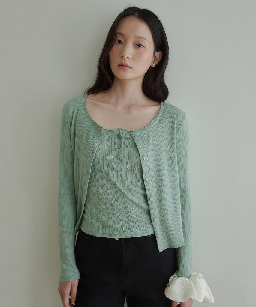 LOVLOV [Set] Eyelet Punching Cardigan Set (3 Colors)