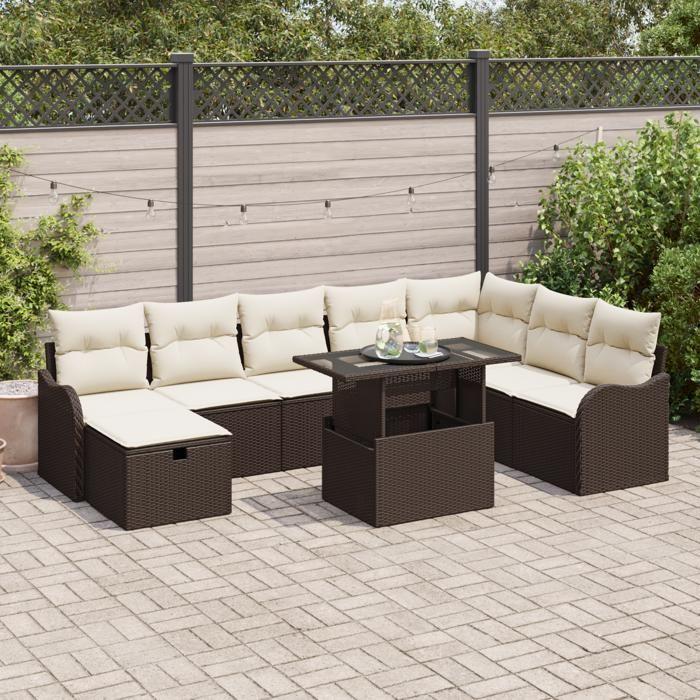 Canapé de jardin 9 pièces avec coussins marron en poly rotin 3359735