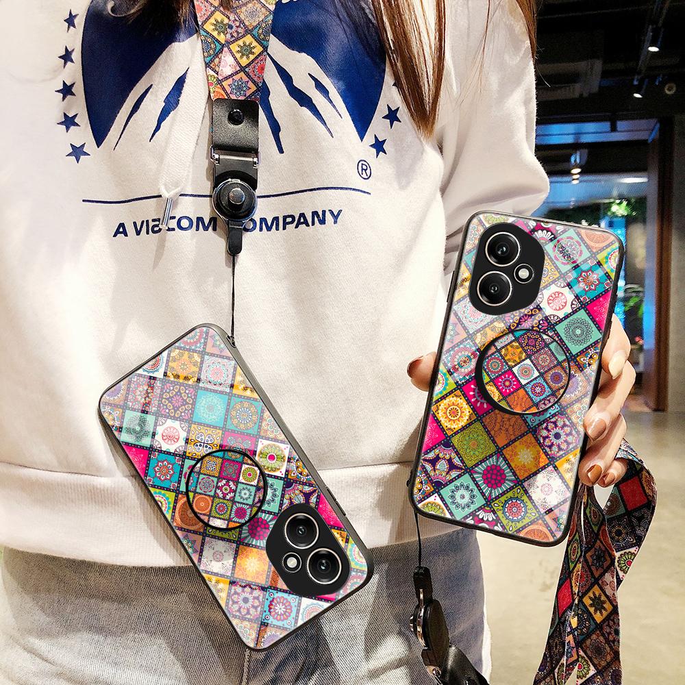Для Honor 400 5G (Глобальный) Чехол-подставка с этническим узором, чехол для телефона из закаленного стекла со шнурком
