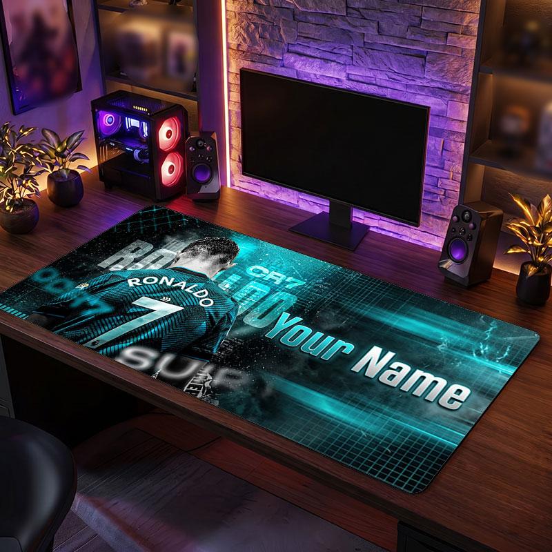 Cristiano Ronaldo Custom Large Mouse Pad, Personalized Name Text Print, Football Logo Non‑Slip Desk Mat Gaming Gift