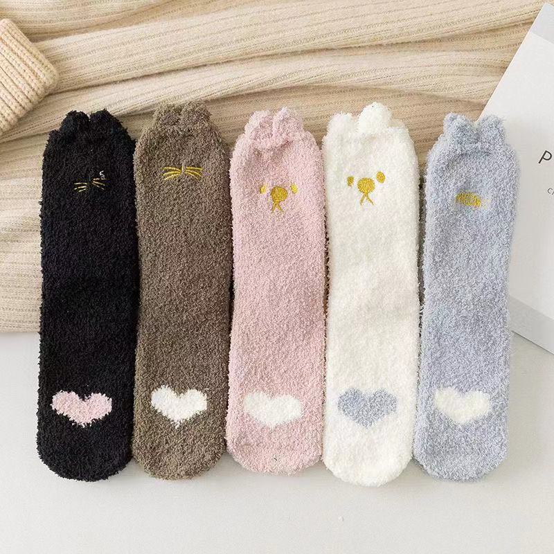3/5 Pairs Winter Women Warm Socks Fluffy Plush Sleep Soft Cozy Girls Cute Cartoon Floor Socks