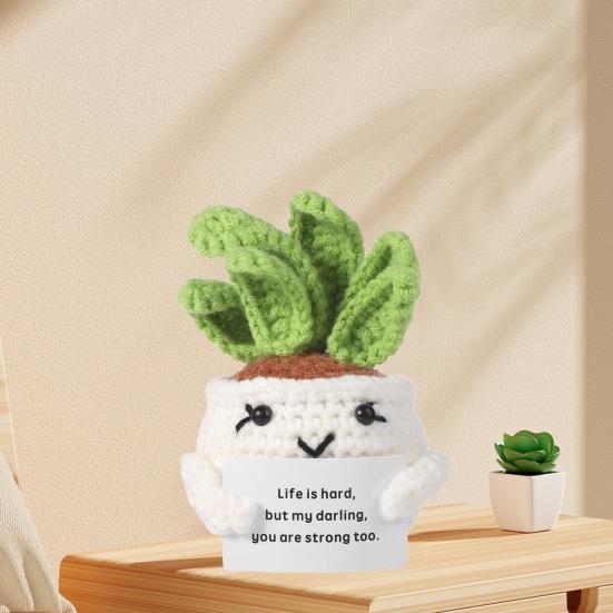 Crocheted Doll Cactus Succulent Doll with Cheer-up Card Tabletop Ornament Positive Crochet Figurine