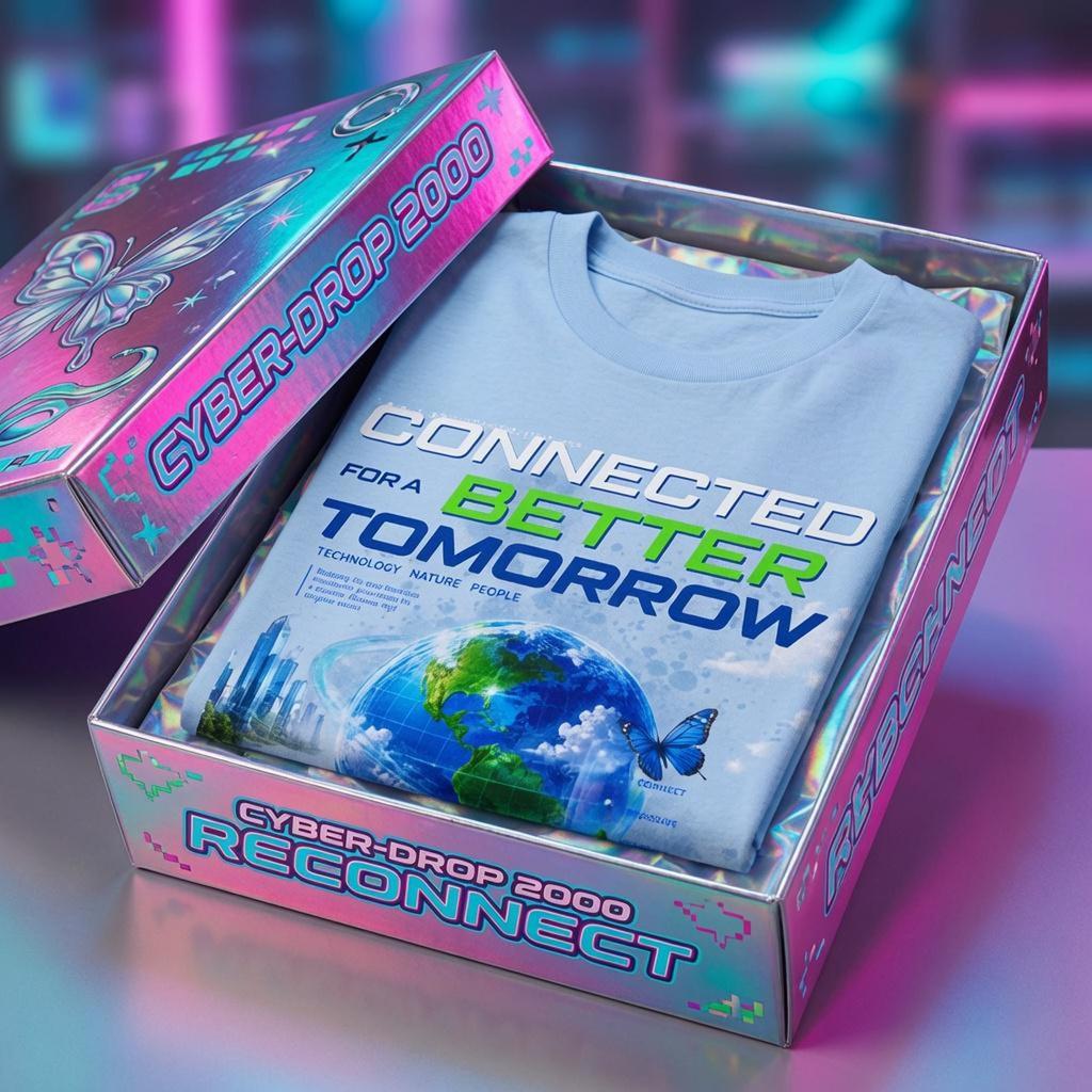 Футболка Frutiger Aero Connected For A Better Tomorrow | Футуристическая футболка Y2K Земля | Графическая футболка Эко-Тех Эстетика | Ретро Вейвпанк