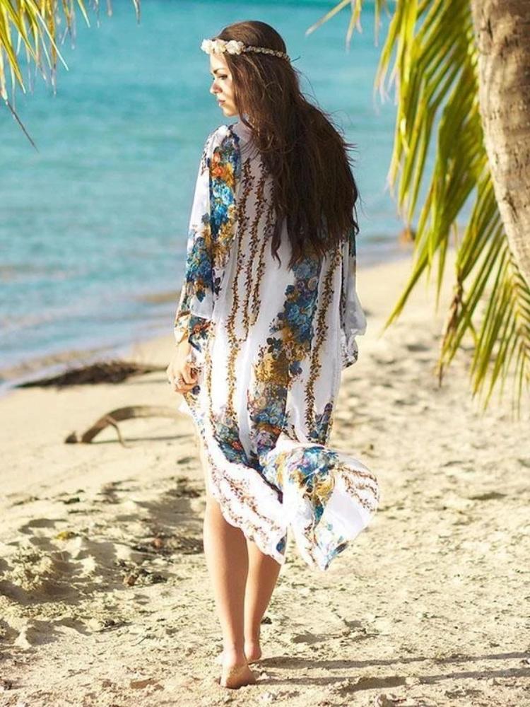 EDOLYNSA Лето-весна 2024, белое женское платье-кардиган с принтом, туника, кафтан, повседневная пляжная одежда с длинными рукавами, платья макси Q608