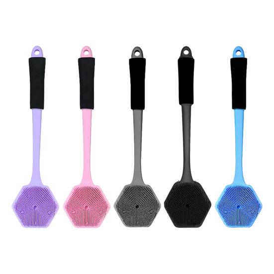 Силиконовая щетка для ванны с длинной ручкой, двухсторонняя головка щетки, нежная мочалка для спины, глубокая очистка, многофункциональная массажная щетка