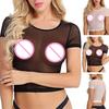 Women Crop Top See-through Thin Mesh Round Neck Short Sleeves Sexy Clothes Seductive Bedroom Top Nightclub Party Stripper Top