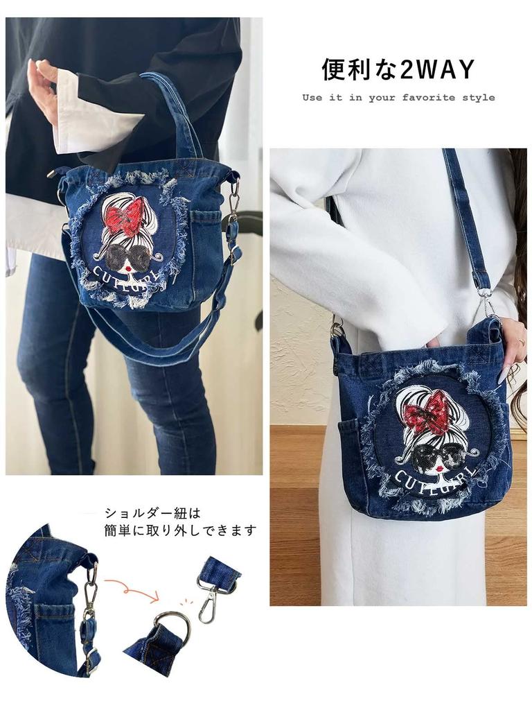 Shoulder Bag Mini 2way Bag Small Crossbody Lightweight Handbag Tote Bag Denim Ribbon Girl [DIVA Rose] Women's (Indigo Blue)
