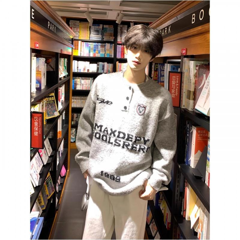 Vintage Letter Patch Knit Sweater Loose Fit Couple Pullover Teens