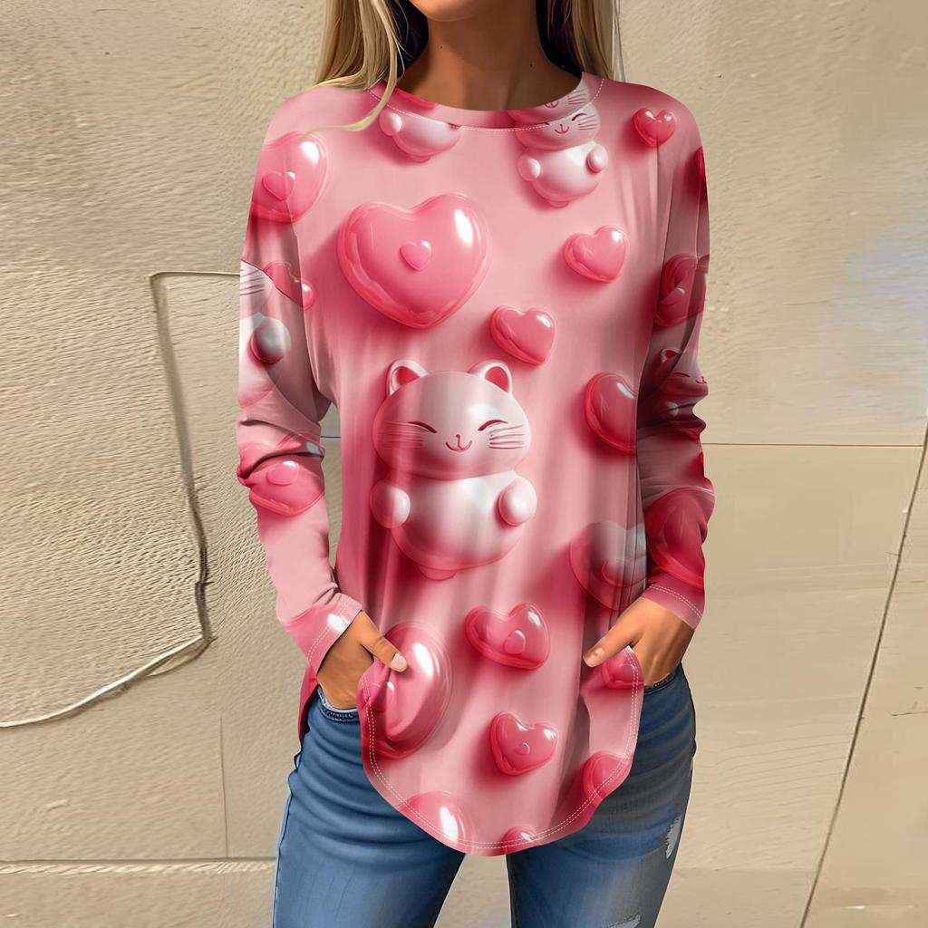 Tee Shirts For Women Casual Round Neck Long Sleeve Shirts Valentine's Day Printing Top Pullover