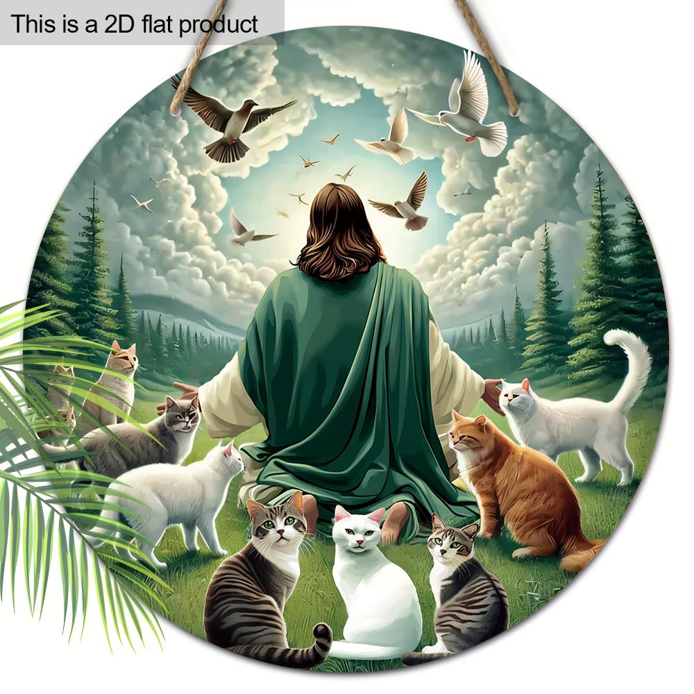 5 шт. Деревянная табличка с изображением Иисуса, кота и голубя мира - 2D настенное искусство для декора дома и сада, идеально подходит для Рождества и любого сезона, рождественский декор