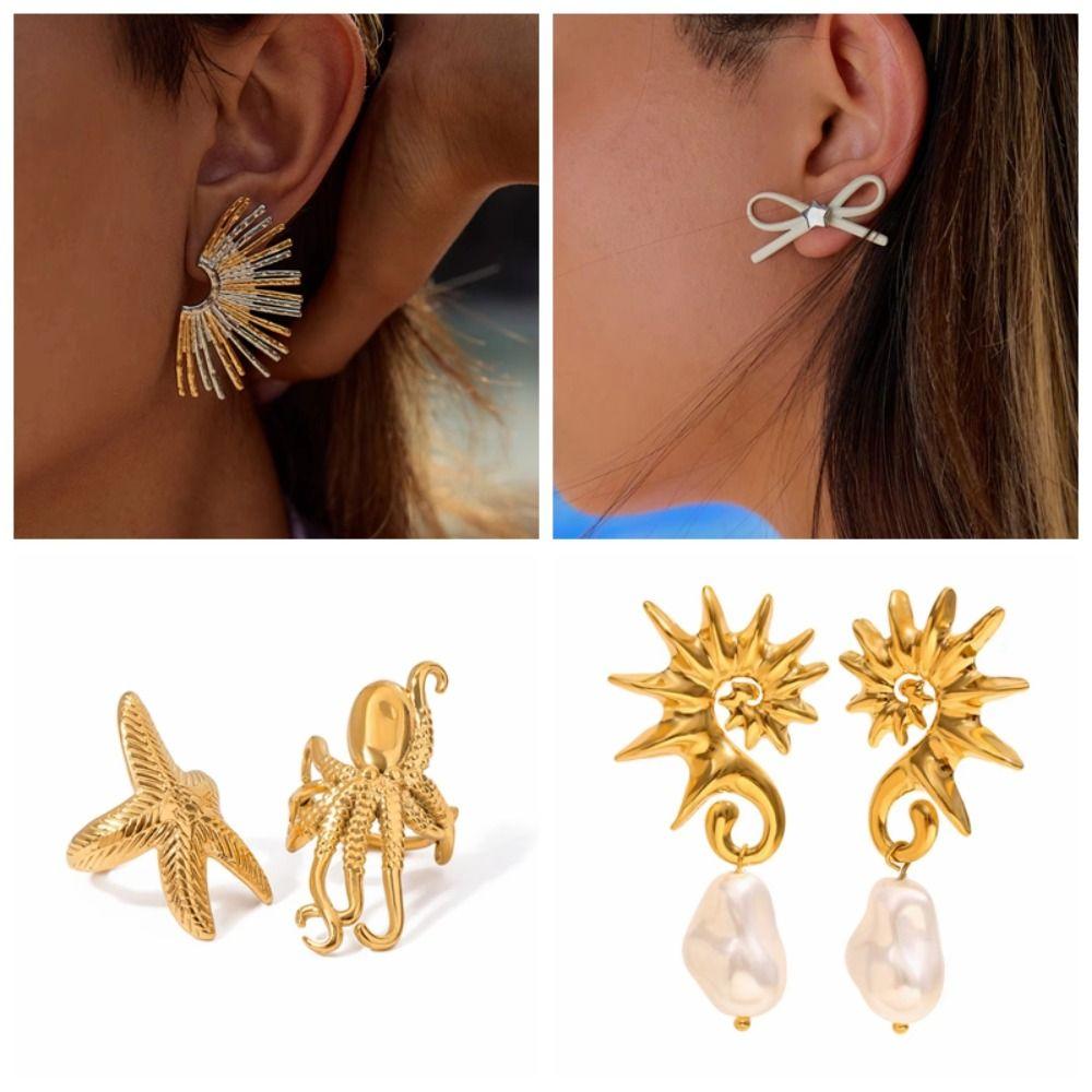 Fashion Gold Plating Earrings Stainless Steel Bow Earrings Elegant Geometric Drop Earrings  Jewelry