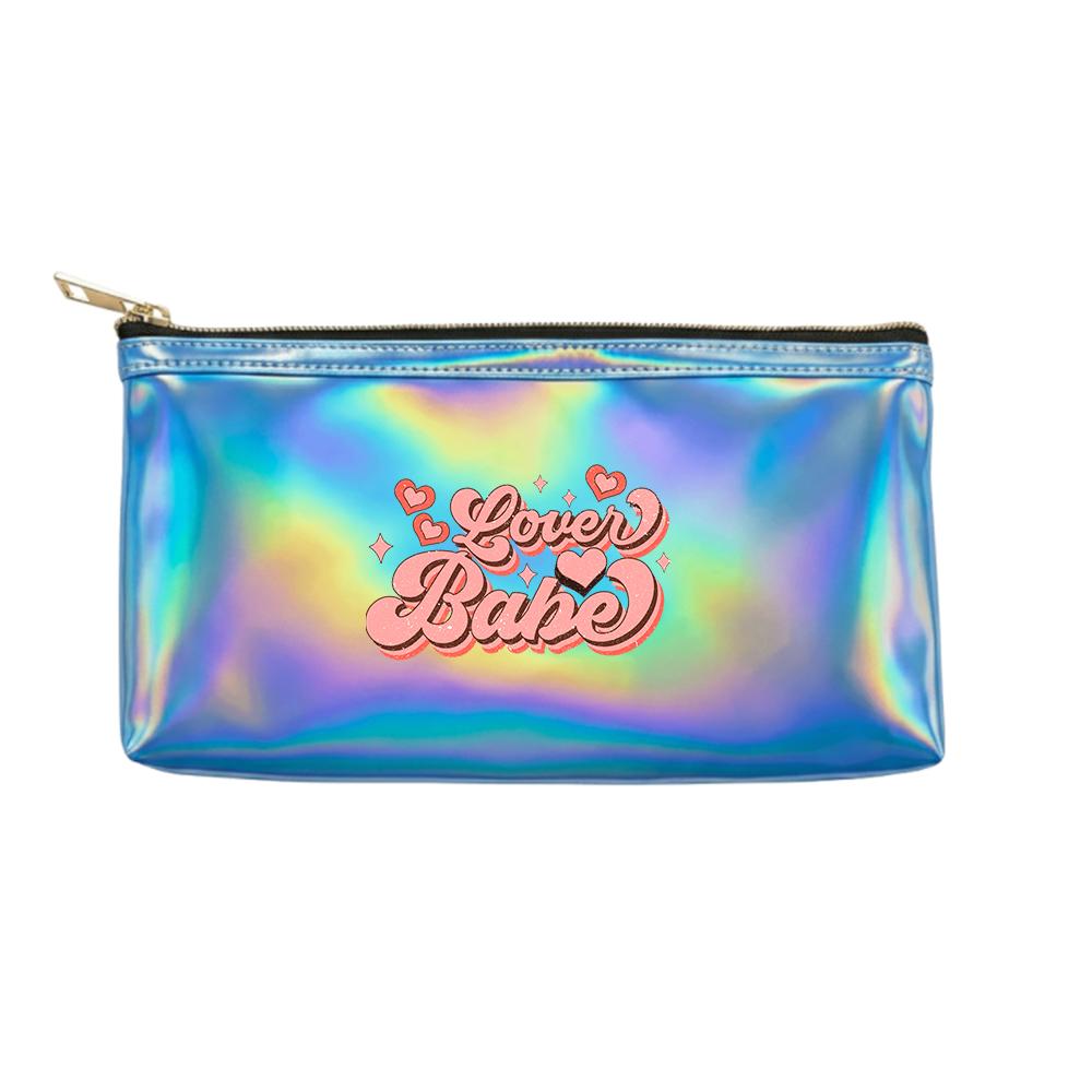 Retro Pink Heart Lover Babe Pattern Laser Cosmetic Makeup Bag, Shiny Holographic Travel Toiletry Organizer Pouch for Girls Women Vacation Gifts