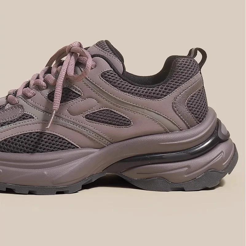 New Soft Leather Women Shoes Autumn Thick Sole Color Block Dad Shoes Mesh Lace Up Casual Comfortable Versatile Sport Shoe 2024