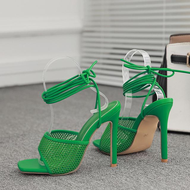 Sexy Purple Orange Mesh Women Sandals Summer Fashion Square Open Toe Ankle Cross Lace -Up Heels Stiletto Hollow Dress Shoes Pumps