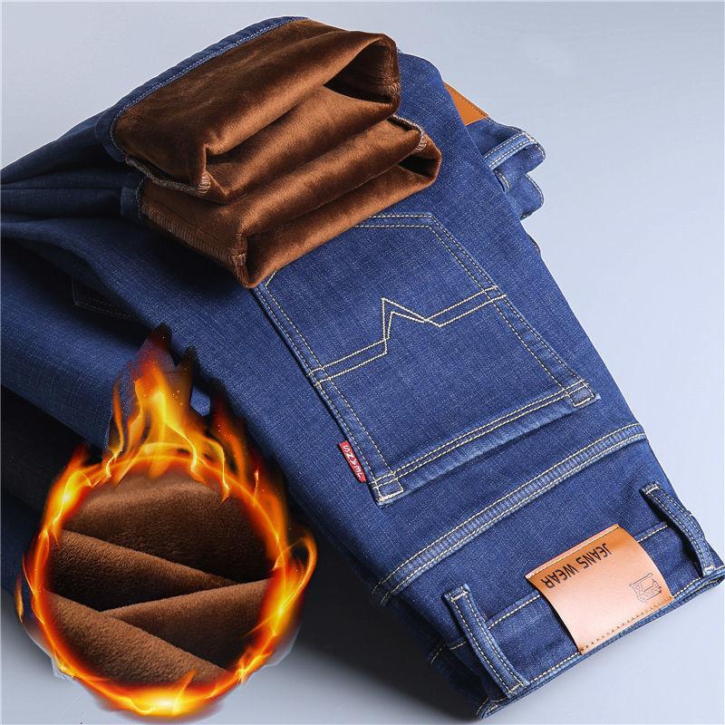Autumn Winter Warm Flocking Denim Soft Man Activities Fleece Line Men Jeans Black Blue Grey Colors