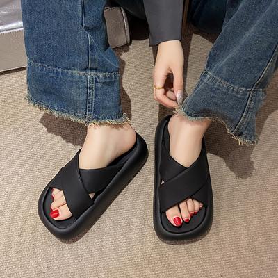 Летняя женская обувь 2024 года, модные однотонные женские тапочки с открытым носком, средний каблук, глянцевая повседневная женская пляжная обувь