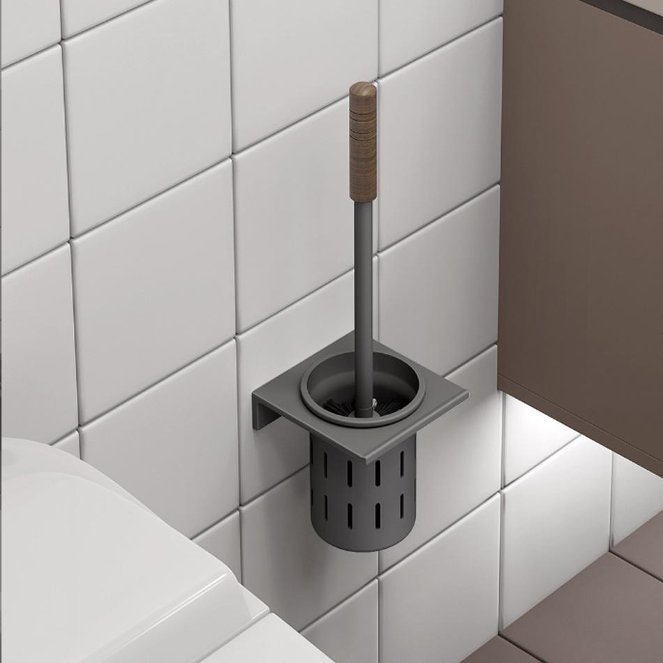Walnut Toilet Brush Holder Set Wood Handle Wall Mounted Grey Gold Black White Aluminum Cup WC Brush Rack Kit with Storage Shelf
