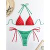 Watermelon Print Split Swimsuit with Black and White Dot Tie for Women, Two-piece Swimsuit Set