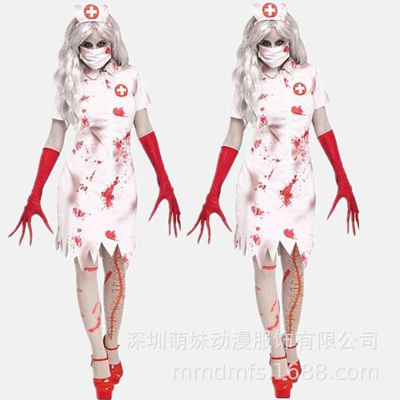 Womens Zombie Nurse Costume Set Halloween Cosplay Party Dress-Up Outfit With Skirt Gloves Headpiece