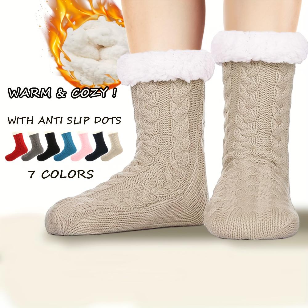 1 Pair of Women's Thick Plush Warm Floor Socks Braided Cozy Winter Casual Yoga Socks with Grips for Home Indoor Slippers Women