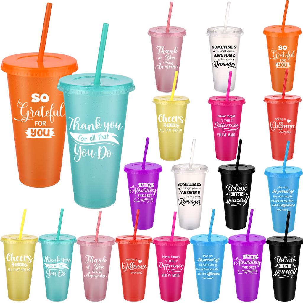 20 шт. стаканов Thank You оптом 24 унции вдохновляющие пластиковые стаканы блестящие многоразовые стаканы с трубочкой и крышкой холодный кофе вода B