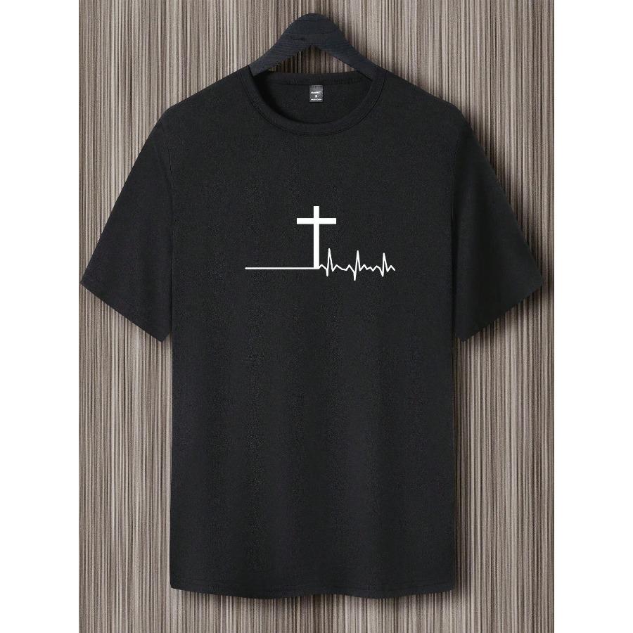 Хлопок Мужская 100% хлопок Летняя Свободная и Удобная Модная Футболка с принтом крест Слим-фит Повседневная Спортивная с круглым вырезом и коротким рукавом Топ