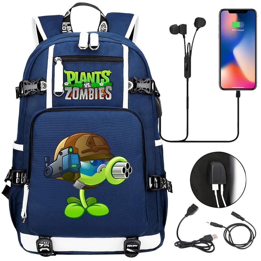 Plants vs Zombies USB Headphone Backpack for Teens Students Casual Travel Daypack Large Capacity Laptop Bag