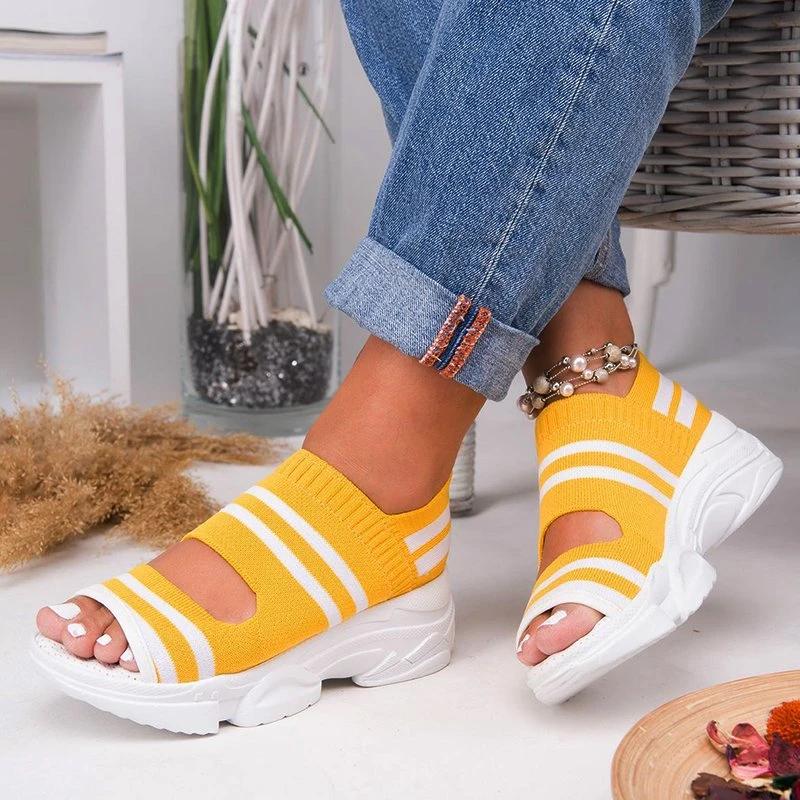 New Women Sandals 2024 High Heels Platform Women Shoes Summer Casual Female Sneakers Knitting Slip On Peep Toe Women Sandals
