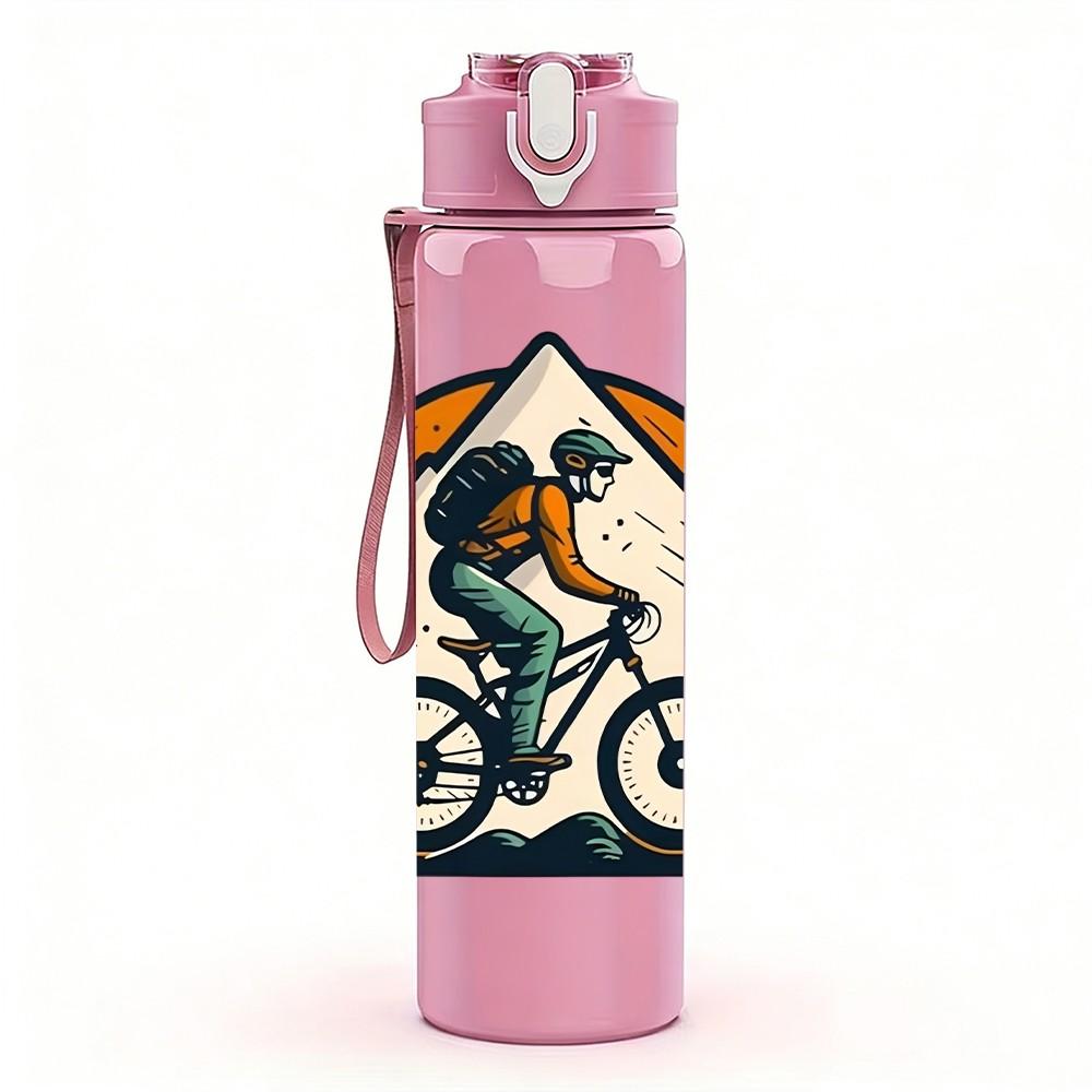 1PC Mountain Biker Hiking Outdoor Print 750ml Color Plastic Sports Water Bottle Leakproof Flip Straw Lid Suitable for Sports Office Home Use