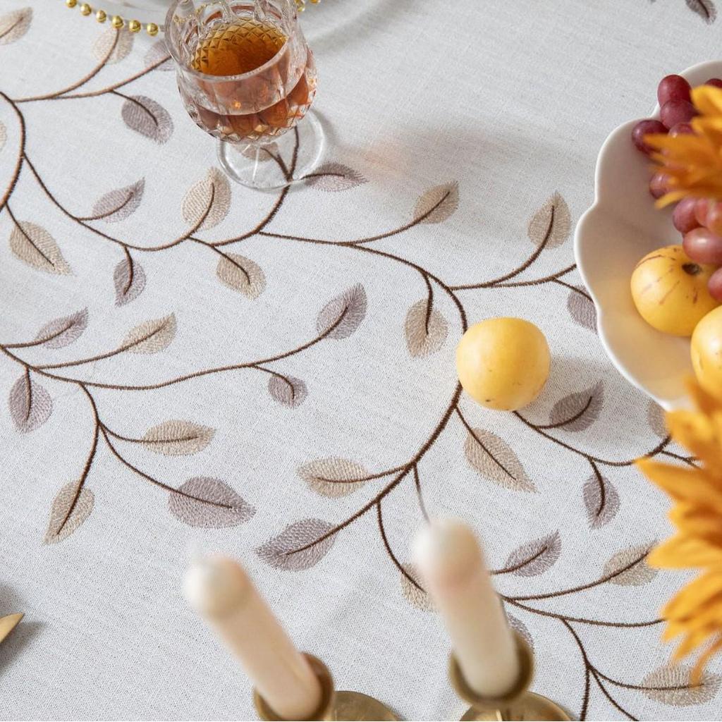 Jiexin European Style Embroidered Tablecloth - Coffee Leaves Design for Home Decor