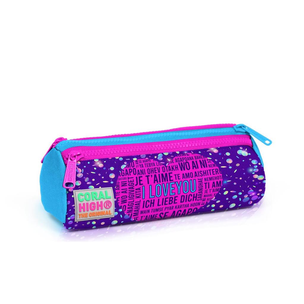 coral high Kids Purple Blue Pink Heart Patterned Three Compartment Pencil Bag 22040