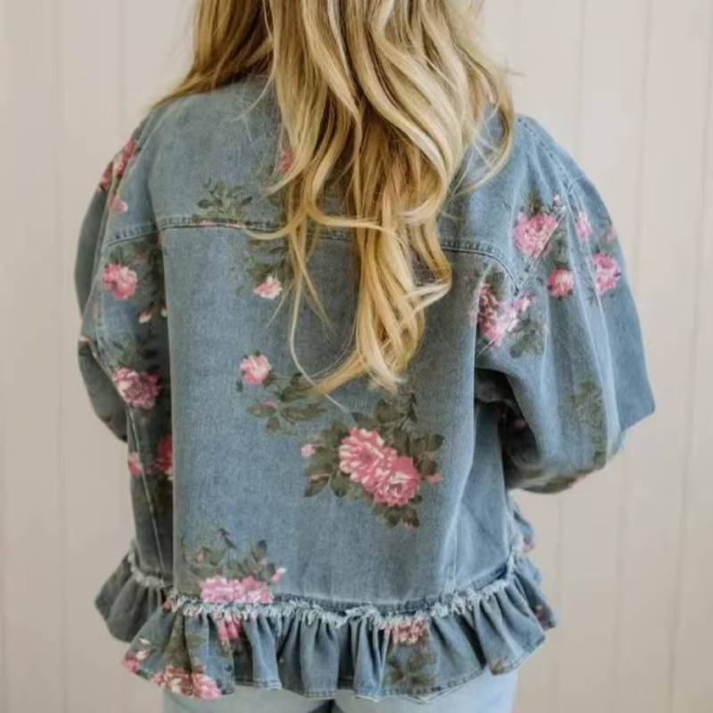 Denim Jacket Women Floral Print Vintage Wash Long Sleeve For Casual Spring Wear