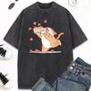 Summer Collect Love Cartoon Cat Print Washed Vintage T-shirt Men's and Women's Summer Casual Clothes Fashion T-shirt