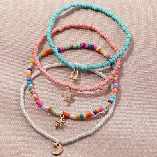 4Pcs Foot Chains Vibrant Color Exquisite Pendant Eye-catching Colorful Women Elastic Beaded Anklet Jewelry