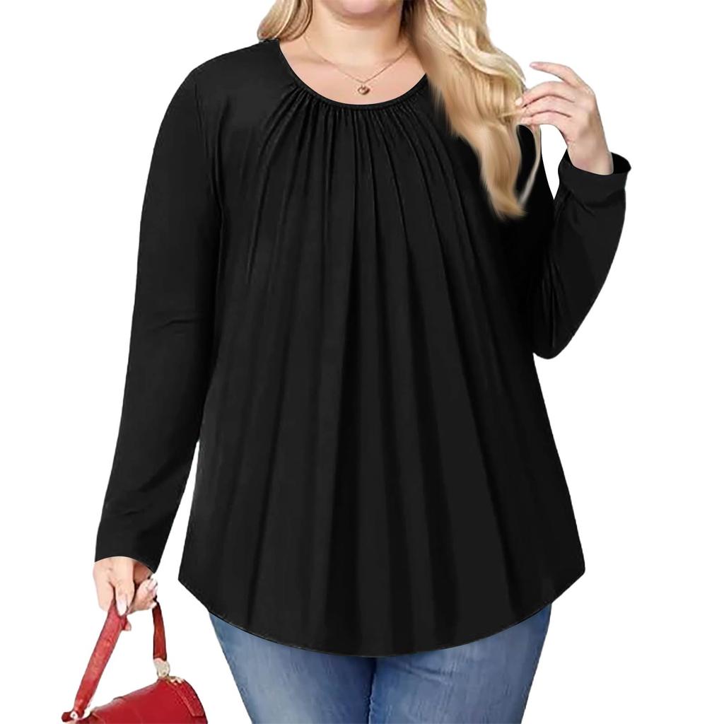 Women's Plus Size Fashion Solid Colour Casual Pleated Round Neck Long Sleeve Top