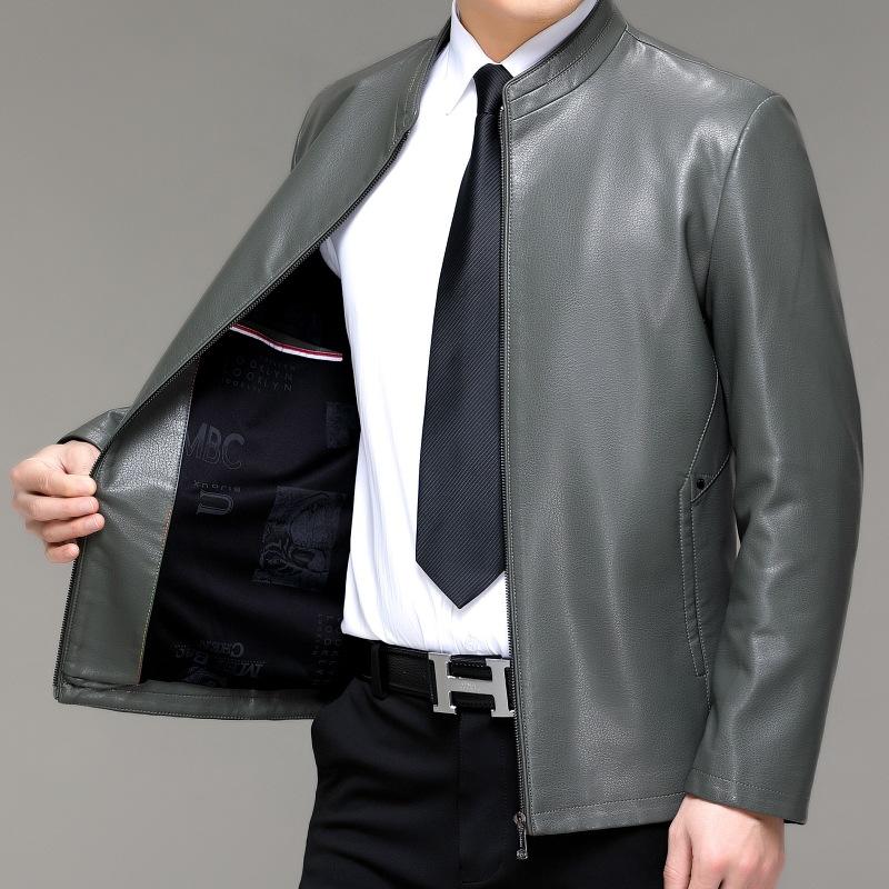 Весна и осень Новые мужские куртки из натуральной кожи из овчины Деловые повседневные мужские куртки со стоячим воротником и бархатной кожей для мужчин среднего возраста