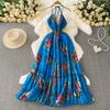 Summer Women Sexy V-neck Halter Open Back Print Long Maxi Holiday Beach Dresses