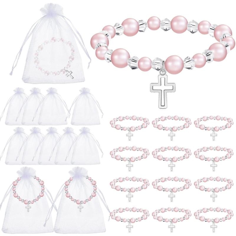 12PCS Delicate Hollow Crucifix Pearls Beads Bracelets Accessories Religious Celebration Gift Set For Guests Event
