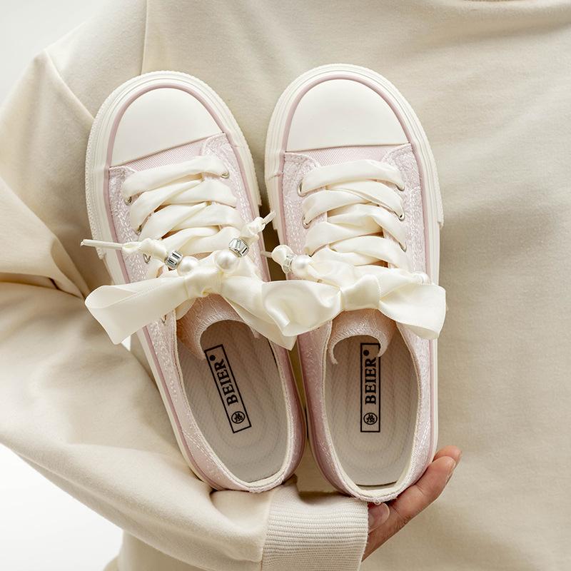 Женские 2025 Новые Корейские Бандажные Резиновые Толстая Подошва Холщовые Туфли Низкий Верх На Шнуровке Повседневные Универсальные Кроссовки на Платформе