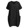 V-neck Short Sleeve Cotton Linen Summer Dress with Pockets