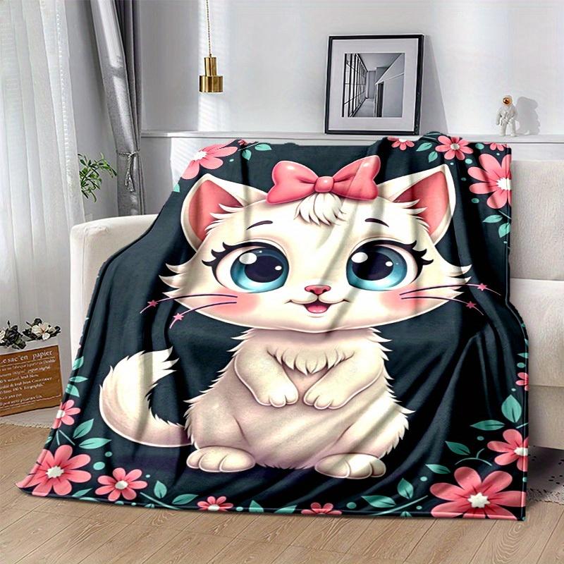 1pc Seasonal Universal Home Decoration Blanket Throw Birthday Gift Cute Cartoon Cat with Pink Bow Flower Frame Room Decorative Coverlet for Couch Bed