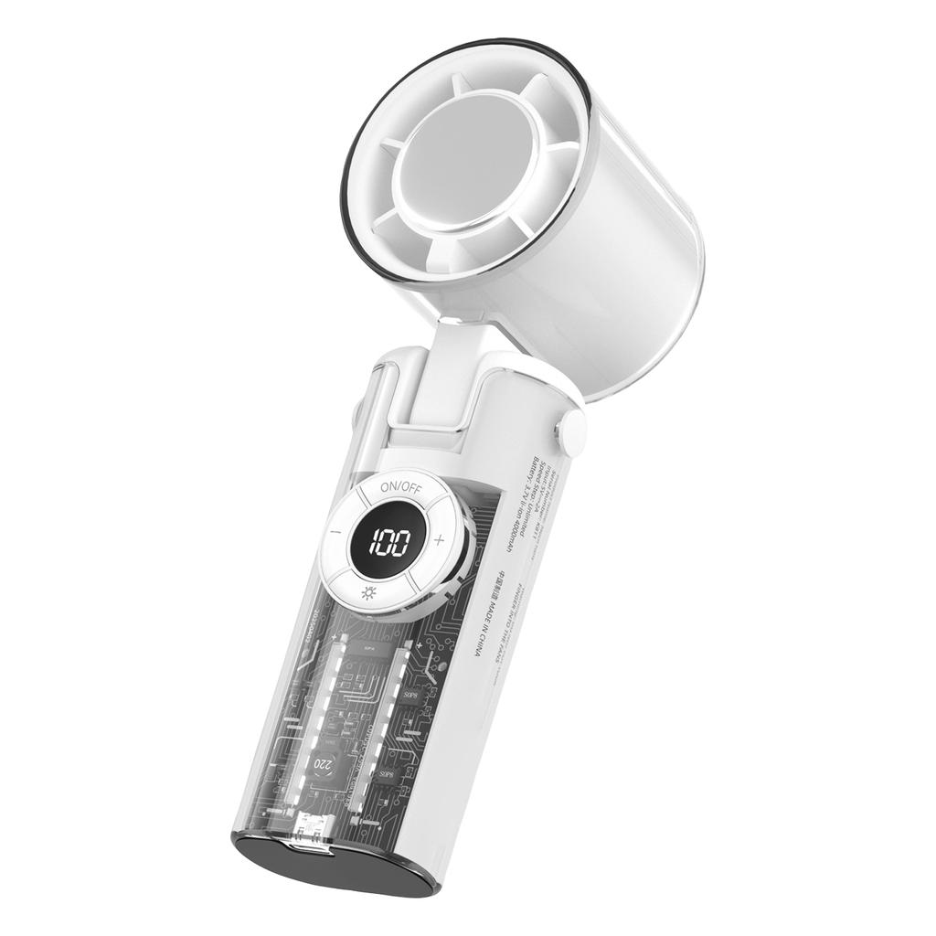 Portable Conditioner Fan With Function, 4000mAh Rechargeable Battery, Transparent Mechanical Fan Design, And Comes With A Lightweight Lanyard.