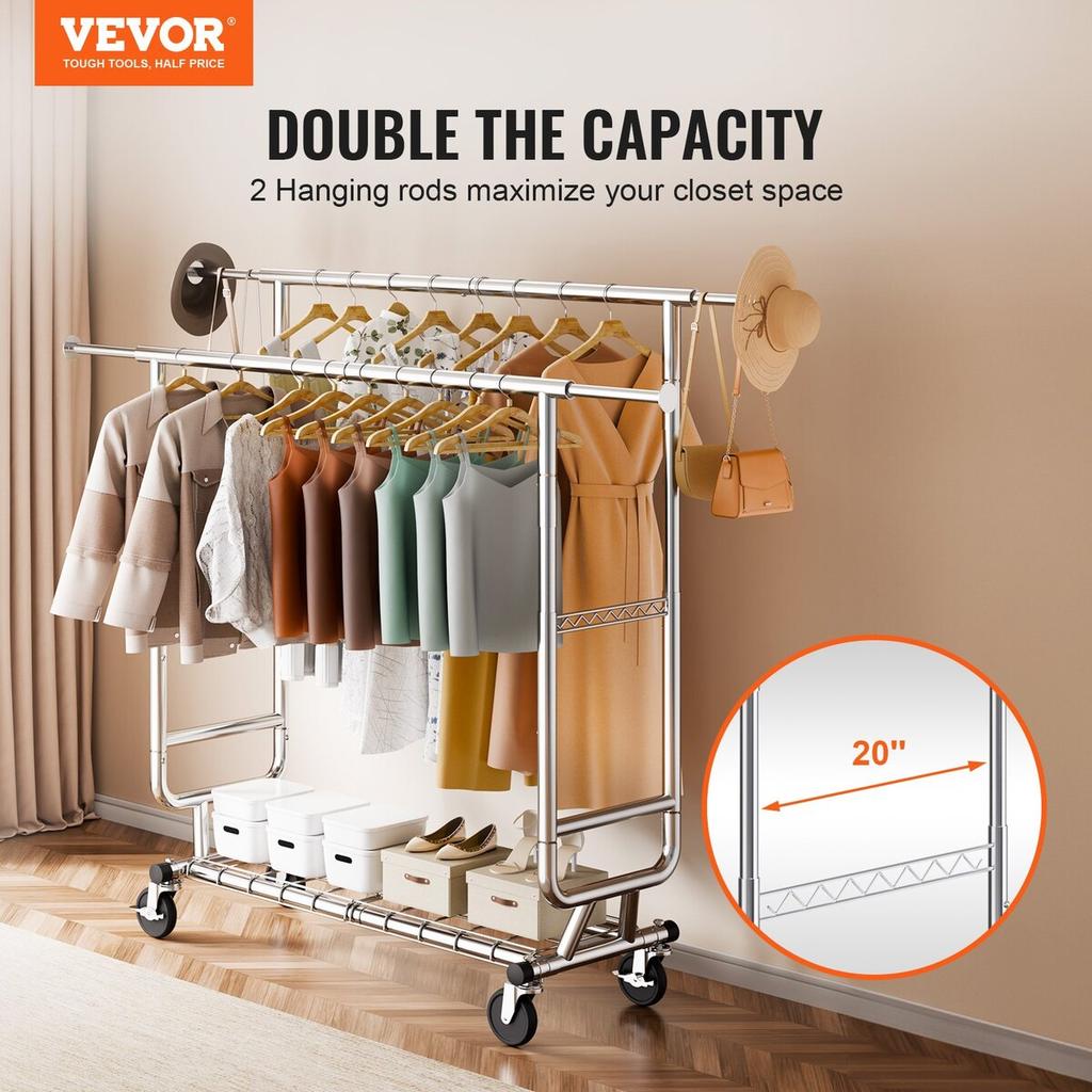 Heavy Duty Clothes Rack, Double Hanging Rod Clothing Garment Rack for Hanging Clothes, Adjustable Height and Extendable Length Clothing Rack with