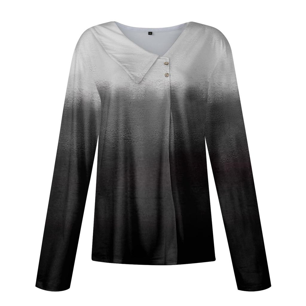 Women's Casual Fashion Print Long Sleeve Lapel V Neck Button Pullover Top