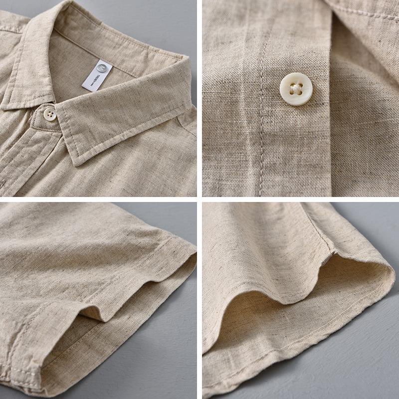 Летняя рубашка Мужская повседневная рубашка с коротким рукавом Однотонная рубашка с отложным воротником из хлопка и льна Мужские топы Простой стиль Мужская одежда Дышащая