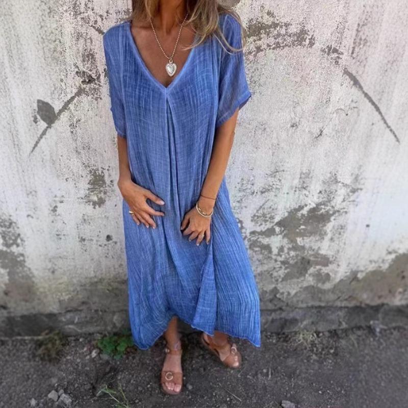 Women's Fashion Summer Spring Solid Color Print Short Sleeve V-Neck High Waist Casual Dresses