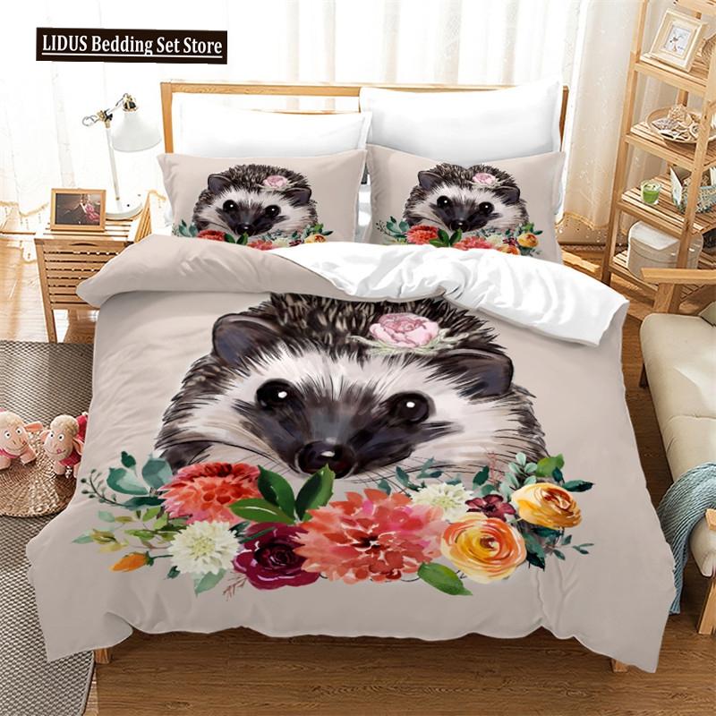 Hedgehog Bedding Set Cute Kawaii Wildlife Comforter Cover With Pillowcases For Kids Boys Girl Polyester Bedding Set King Size