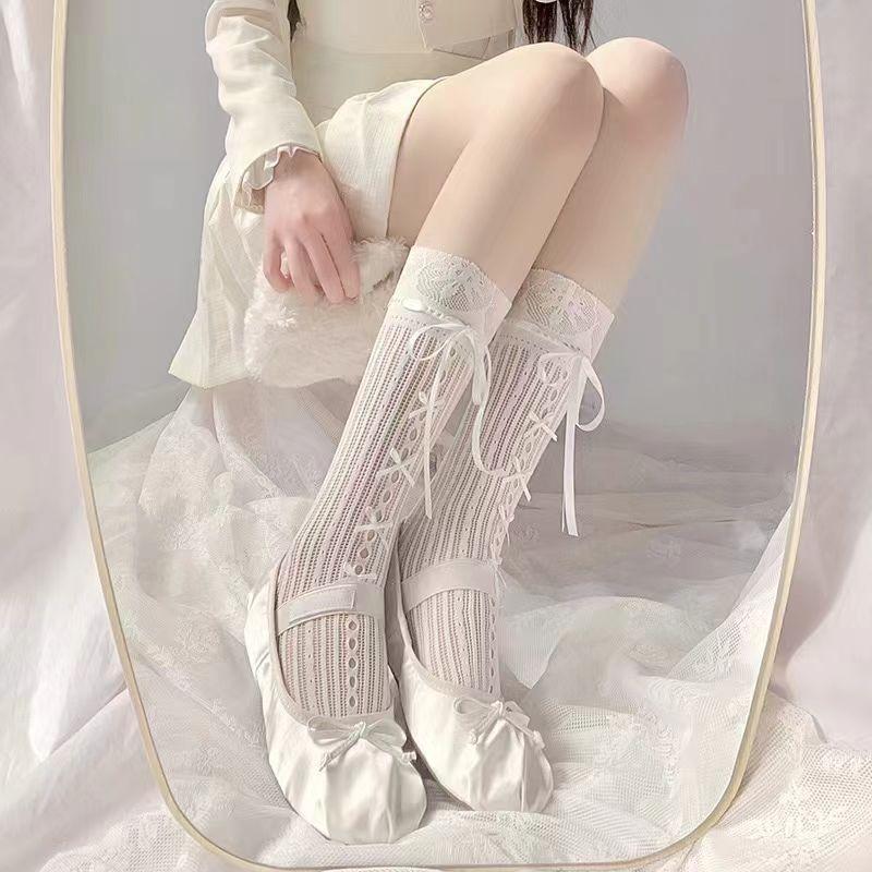 Lady Spring Summer Sweet Bondage Bow Printed Lace Cute Student Calf Socks